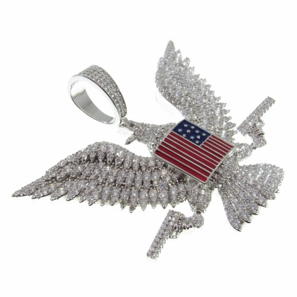 Solid 925 Sterling Silver Iced Out Rhodium Plated Patriotic Eagle & Flag Pendant - Picture 8 of 9